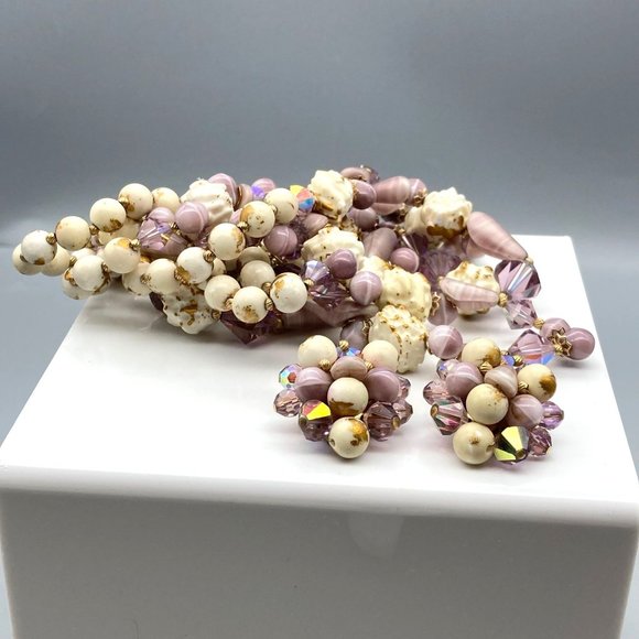 Vintage Fabiola Purple Parure, Triple Strand Beaded Choker and Matching Clip On - Picture 4 of 6